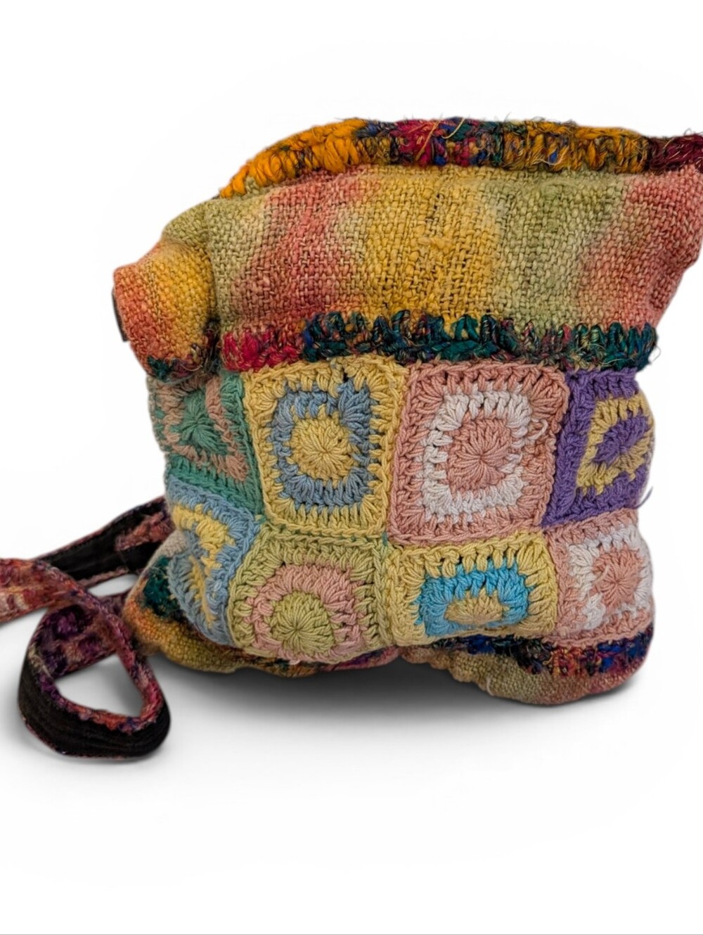PRANA Retro Crochet Crossbody Bag Hemp Yellow Green Hippy Yoga Shoulder Bag